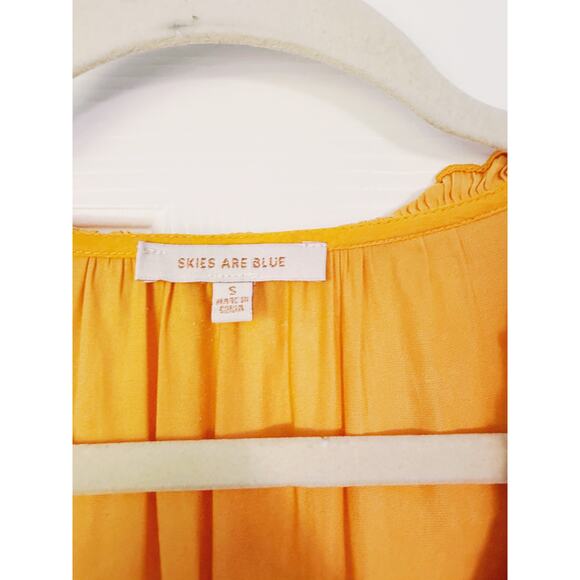 Skies Are Blue Satin Smocked Waist Ruffle Mini Dress Small Gold Cocktail Event - Picture 6 of 8